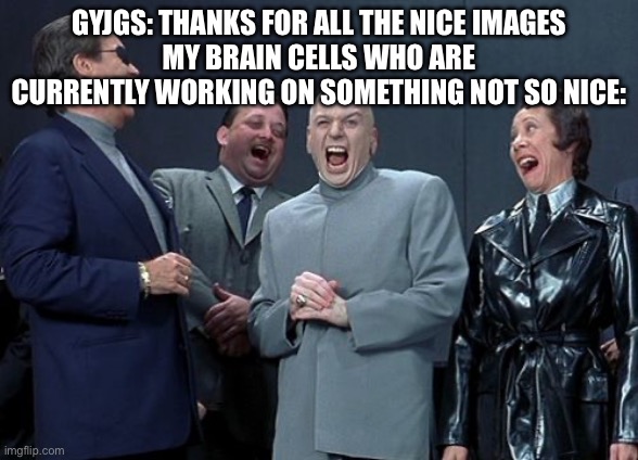 Laughing Villains Meme | GYJGS: THANKS FOR ALL THE NICE IMAGES
MY BRAIN CELLS WHO ARE CURRENTLY WORKING ON SOMETHING NOT SO NICE: | image tagged in memes,laughing villains | made w/ Imgflip meme maker