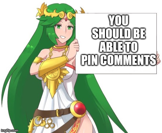Palutena holding a sign | YOU SHOULD BE ABLE TO PIN COMMENTS | image tagged in palutena holding a sign | made w/ Imgflip meme maker