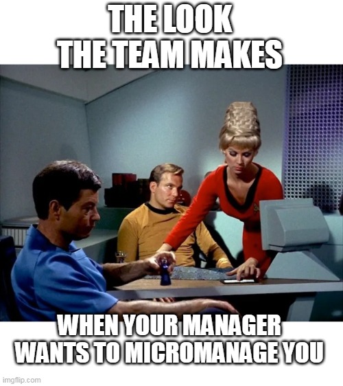 When your manager wants to micromanage you | THE LOOK THE TEAM MAKES; WHEN YOUR MANAGER WANTS TO MICROMANAGE YOU | image tagged in william shatner,funny,manager,scumbag boss,star trek | made w/ Imgflip meme maker