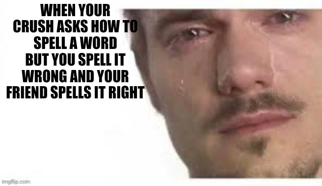 All sad | WHEN YOUR CRUSH ASKS HOW TO SPELL A WORD BUT YOU SPELL IT WRONG AND YOUR FRIEND SPELLS IT RIGHT | image tagged in bro please bro | made w/ Imgflip meme maker