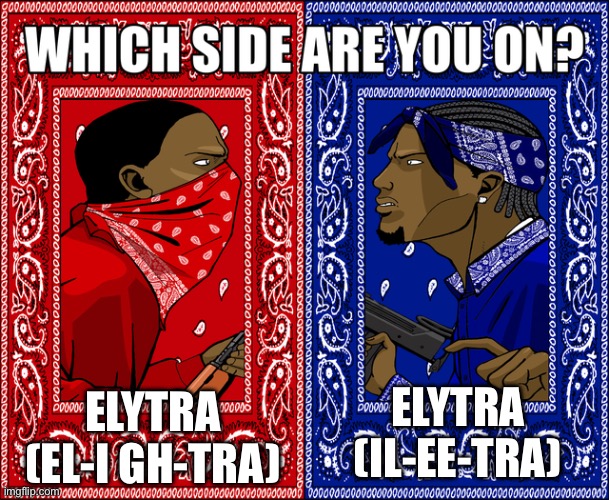 How do you pronounce elytra | ELYTRA
(EL-I GH-TRA); ELYTRA
(IL-EE-TRA) | image tagged in which side are you on | made w/ Imgflip meme maker