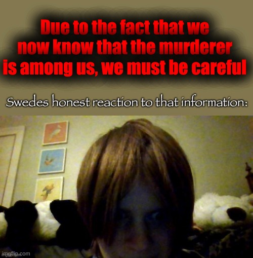 Trust me. | Due to the fact that we now know that the murderer is among us, we must be careful | image tagged in my honest reaction-ty kit for making it into a meme btw | made w/ Imgflip meme maker