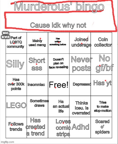 Murderous bingo (fixed version) | image tagged in murderous bingo fixed version | made w/ Imgflip meme maker