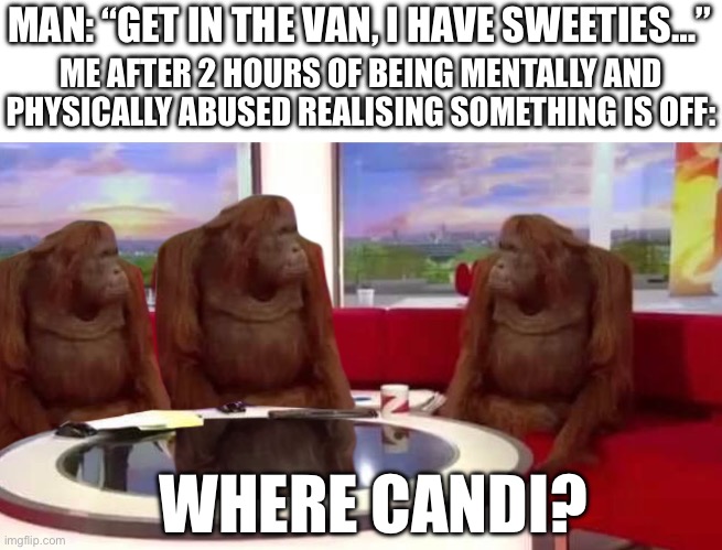 The old ass still hasn’t given me a sweetie >:( | MAN: “GET IN THE VAN, I HAVE SWEETIES…”; ME AFTER 2 HOURS OF BEING MENTALLY AND PHYSICALLY ABUSED REALISING SOMETHING IS OFF:; WHERE CANDI? | image tagged in where monkey | made w/ Imgflip meme maker