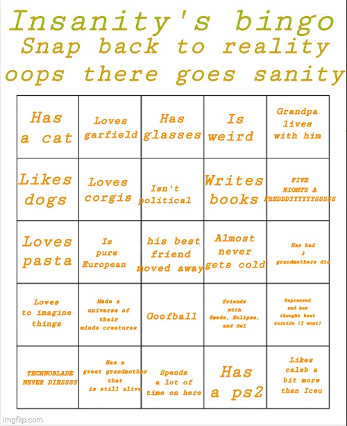 Insanity's bingo Blank Meme Template