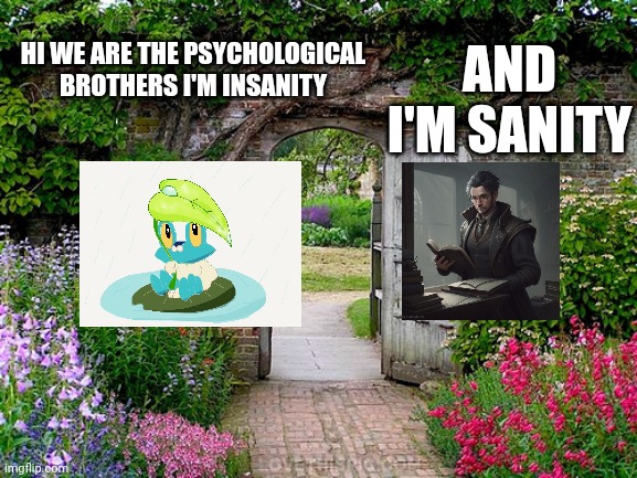 Hawo | AND I'M SANITY; HI WE ARE THE PSYCHOLOGICAL BROTHERS I'M INSANITY | image tagged in doorway | made w/ Imgflip meme maker
