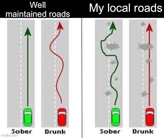 Drunk driving | Well maintained roads; My local roads | image tagged in driving,roads,drunk | made w/ Imgflip meme maker