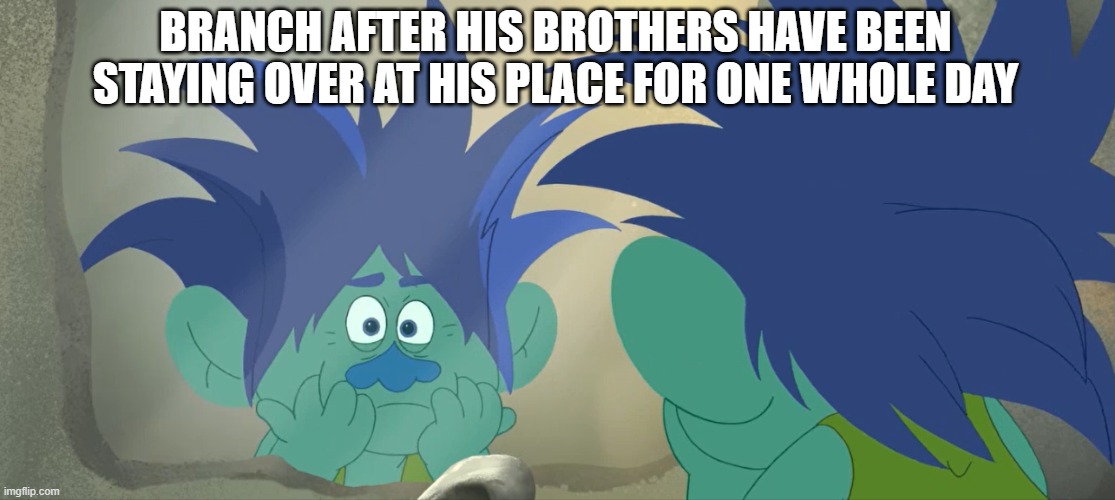 Trolls Branch memes | BRANCH AFTER HIS BROTHERS HAVE BEEN STAYING OVER AT HIS PLACE FOR ONE WHOLE DAY | image tagged in tired branch,trolls branch memes,trolls memes | made w/ Imgflip meme maker