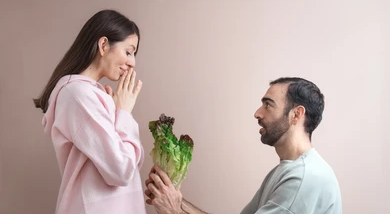 Man offering vegtables to woman Blank Meme Template