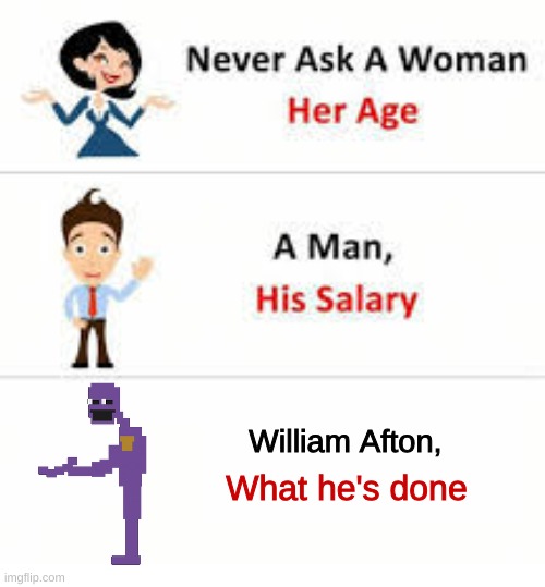 Never ask a woman her age | William Afton, What he's done | image tagged in never ask a woman her age | made w/ Imgflip meme maker