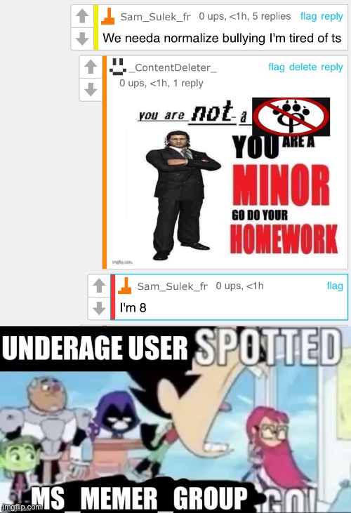 Ignore the go do your homework image. I thought it would be funny to respond with that. | image tagged in underage user spotted msmg go | made w/ Imgflip meme maker
