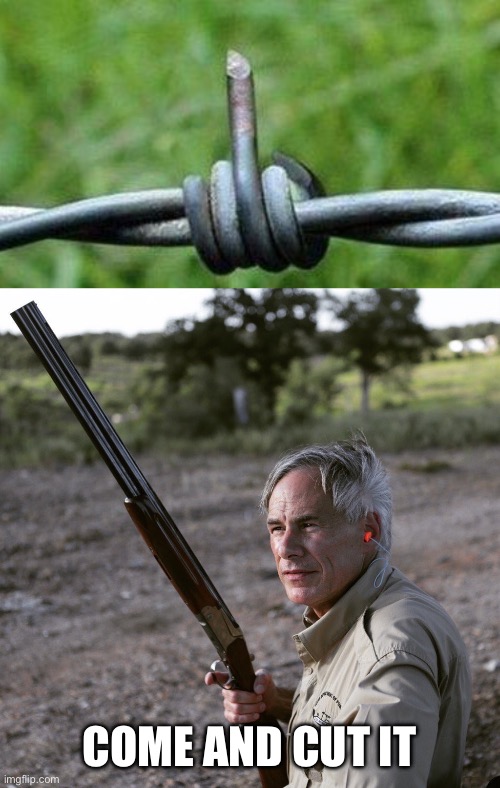 COME AND CUT IT | image tagged in barbed wire flipping the bird,greg abbott,texas,braveheart freedom | made w/ Imgflip meme maker
