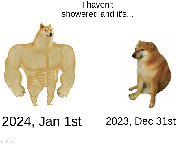 Which one are you? | I haven't showered and it's... 2024, Jan 1st; 2023, Dec 31st | image tagged in memes,buff doge vs cheems,funny memes,funny,doge,shower | made w/ Imgflip meme maker