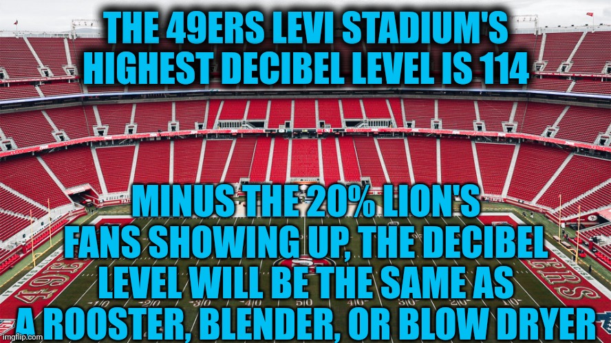 Lions on the Hunt | THE 49ERS LEVI STADIUM'S HIGHEST DECIBEL LEVEL IS 114; MINUS THE 20% LION'S FANS SHOWING UP, THE DECIBEL LEVEL WILL BE THE SAME AS A ROOSTER, BLENDER, OR BLOW DRYER | image tagged in nfl,nfl memes,detroit lions,lions,detroit,49ers | made w/ Imgflip meme maker