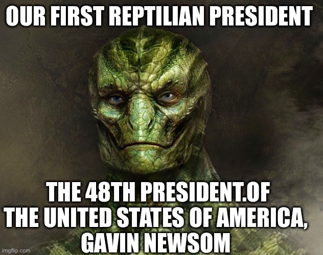 Gavin Newsom | OUR FIRST REPTILIAN PRESIDENT; THE 48TH PRESIDENT.OF THE UNITED STATES OF AMERICA, 
GAVIN NEWSOM | image tagged in reptilian,governor,california | made w/ Imgflip meme maker
