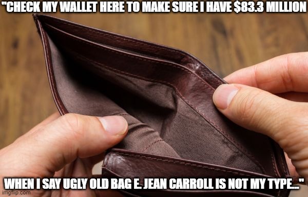 Price for saying a woman is not your type... | "CHECK MY WALLET HERE TO MAKE SURE I HAVE $83.3 MILLION; WHEN I SAY UGLY OLD BAG E. JEAN CARROLL IS NOT MY TYPE..." | image tagged in empty wallet,bullshit penalty,authoritarian,jean carroll | made w/ Imgflip meme maker