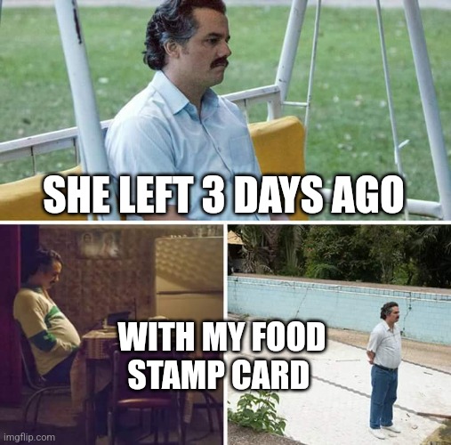Sad Pablo Escobar Meme | SHE LEFT 3 DAYS AGO; WITH MY FOOD STAMP CARD | image tagged in memes,sad pablo escobar | made w/ Imgflip meme maker