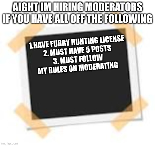 hiring now | AIGHT IM HIRING MODERATORS IF YOU HAVE ALL OFF THE FOLLOWING; 1.HAVE FURRY HUNTING LICENSE
2. MUST HAVE 5 POSTS
3. MUST FOLLOW MY RULES ON MODERATING | image tagged in mods,imgflip,safety,anti furry,stream,why u reading this | made w/ Imgflip meme maker
