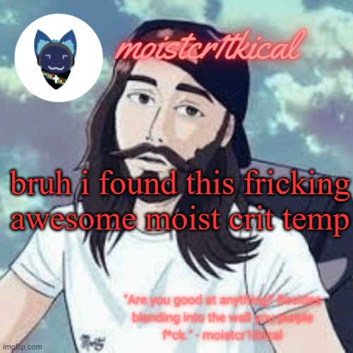 moistcr1tkical temp | bruh i found this fricking awesome moist crit temp | image tagged in moistcr1tkical temp | made w/ Imgflip meme maker