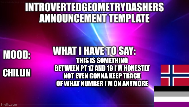 No matter what part it’s mine now | CHILLIN; THIS IS SOMETHING BETWEEN PT 17 AND 19 I’M HONESTLY NOT EVEN GONNA KEEP TRACK OF WHAT NUMBER I’M ON ANYMORE | image tagged in introvertedgeometrydashers announcement temp | made w/ Imgflip meme maker