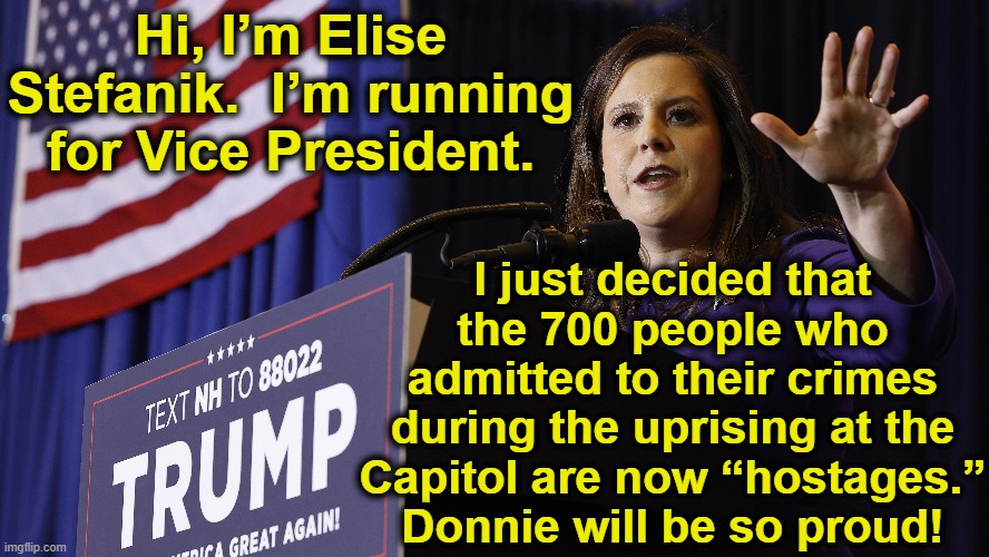 Trumpy Veepstakes | Hi, I’m Elise Stefanik.  I’m running for Vice President. I just decided that the 700 people who admitted to their crimes during the uprising at the Capitol are now “hostages.” Donnie will be so proud! | image tagged in right wing,gop hypocrite,maga,nevertrump,congress,republican party | made w/ Imgflip meme maker