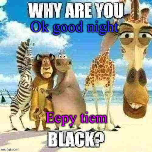 why are you black? | Ok good night; Eepy tiem | image tagged in why are you black | made w/ Imgflip meme maker