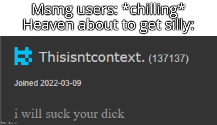 I will suck your privates | Msmg users: *chilling*
Heaven about to get silly: | image tagged in i will suck your privates | made w/ Imgflip meme maker