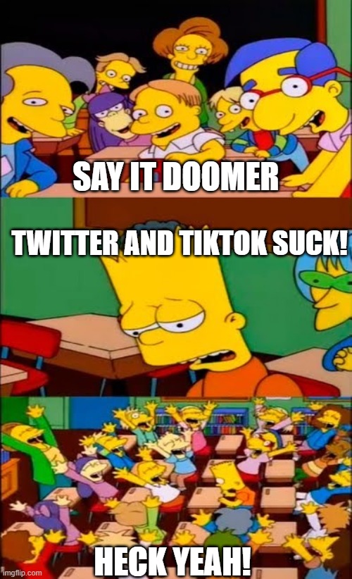 What the doomers say about twitter | SAY IT DOOMER; TWITTER AND TIKTOK SUCK! HECK YEAH! | image tagged in say the line bart simpsons,memes,relatable | made w/ Imgflip meme maker
