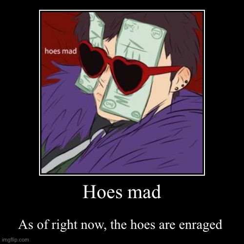 Hoes mad | As of right now, the hoes are enraged | image tagged in funny,demotivationals | made w/ Imgflip demotivational maker