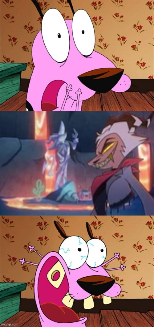 Courage Gets Scared of Striker | image tagged in helluva boss,vivziepop,courage the cowardly dog,cartoon network | made w/ Imgflip meme maker