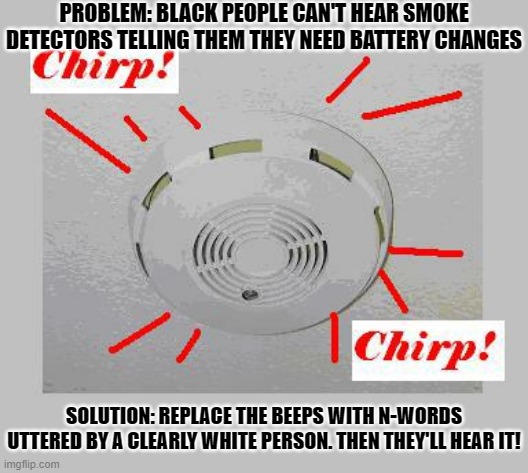 Smoke Detector Fix so Black People Can Hear | PROBLEM: BLACK PEOPLE CAN'T HEAR SMOKE DETECTORS TELLING THEM THEY NEED BATTERY CHANGES; SOLUTION: REPLACE THE BEEPS WITH N-WORDS UTTERED BY A CLEARLY WHITE PERSON. THEN THEY'LL HEAR IT! | image tagged in smoke detector chirp,black people,change batteries | made w/ Imgflip meme maker