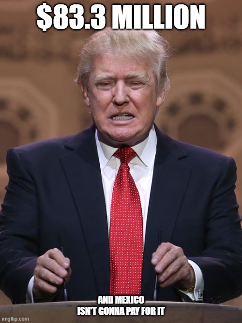 Trump 83.3 | $83.3 MILLION; AND MEXICO ISN'T GONNA PAY FOR IT | image tagged in donald trump | made w/ Imgflip meme maker