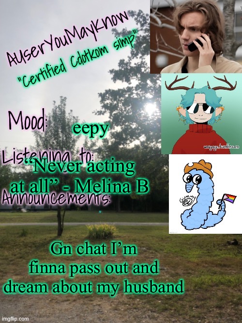 Charlie= hot af | eepy; “Never acting at all” - Melina B; Gn chat I’m finna pass out and dream about my husband | image tagged in auymk template reworked | made w/ Imgflip meme maker