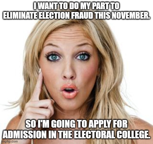 Dumb blonde | I WANT TO DO MY PART TO ELIMINATE ELECTION FRAUD THIS NOVEMBER. SO I'M GOING TO APPLY FOR ADMISSION IN THE ELECTORAL COLLEGE. | image tagged in dumb blonde | made w/ Imgflip meme maker
