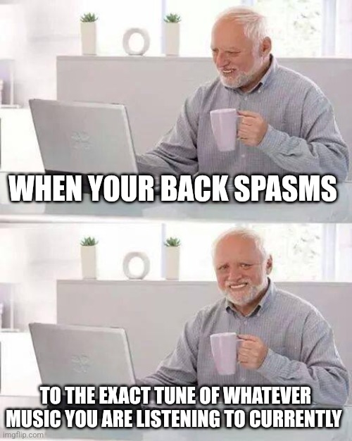 When your back spasms to the tune of star wars | WHEN YOUR BACK SPASMS; TO THE EXACT TUNE OF WHATEVER MUSIC YOU ARE LISTENING TO CURRENTLY | image tagged in memes,hide the pain harold | made w/ Imgflip meme maker