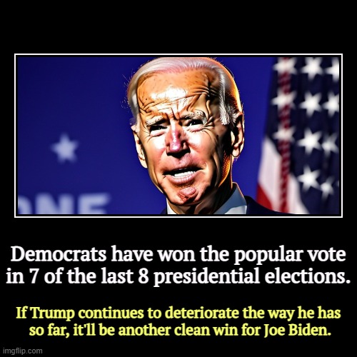 Democrats have won the popular vote in 7 of the last 8 presidential elections. | If Trump continues to deteriorate the way he has 
so far, i | image tagged in funny,demotivationals,trump,loser,biden,winner | made w/ Imgflip demotivational maker