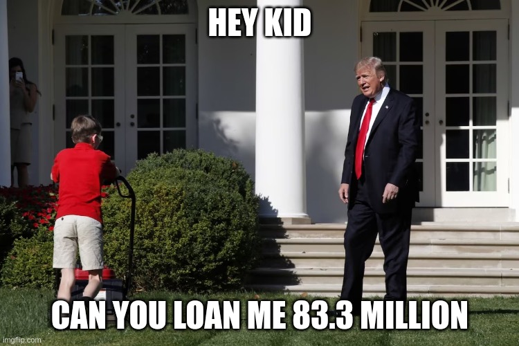 83 Million | HEY KID; CAN YOU LOAN ME 83.3 MILLION | image tagged in trump,loser,sexual abuser,republican,e jean carroll | made w/ Imgflip meme maker