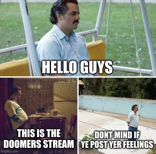 intro | HELLO GUYS; THIS IS THE DOOMERS STREAM; DONT MIND IF YE POST YER FEELINGS | image tagged in memes,sad pablo escobar | made w/ Imgflip meme maker