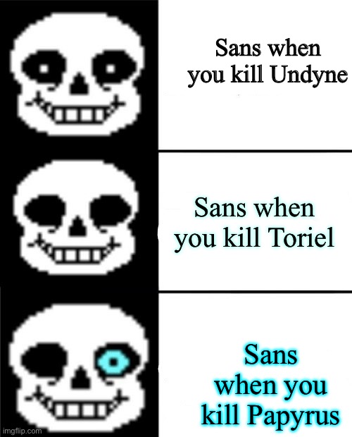 D I R T Y B R O T H E R K I L L E R | Sans when you kill Undyne; Sans when you kill Toriel; Sans when you kill Papyrus | image tagged in sans,undertale,you dirty brother killer | made w/ Imgflip meme maker