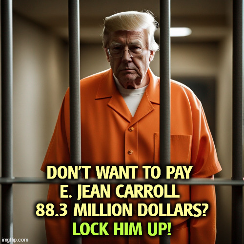 DON'T WANT TO PAY 
E. JEAN CARROLL 
88.3 MILLION DOLLARS? LOCK HIM UP! | image tagged in trump,fine,e jean carroll,jail,prison,lock him up | made w/ Imgflip meme maker