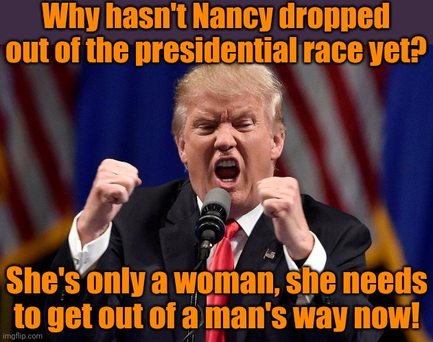 I'll blacklist everyone who gives money to her campaign! | Why hasn't Nancy dropped out of the presidential race yet? She's only a woman, she needs
to get out of a man's way now! | image tagged in trump tantrum,nikki haley,cancel culture,selfishness | made w/ Imgflip meme maker