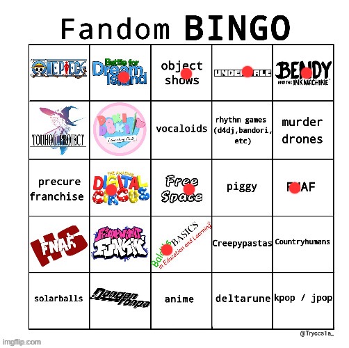 Fandom bingo | image tagged in bingo from tck | made w/ Imgflip meme maker