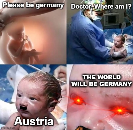H*tler backstory | Doctor, Where am i? Please be germany; THE WORLD WILL BE GERMANY; Austria | image tagged in god please norway | made w/ Imgflip meme maker