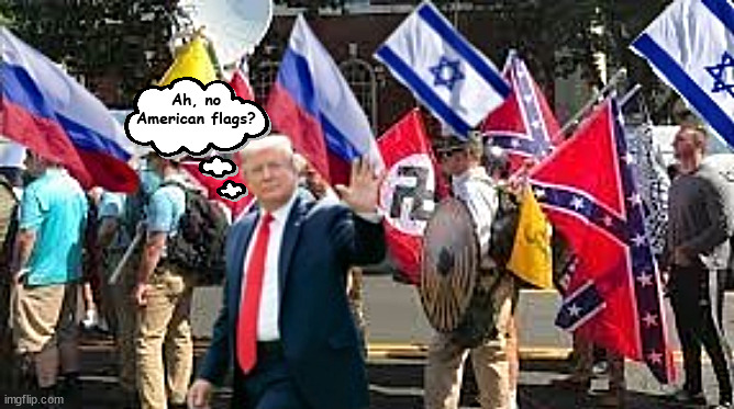 Nah , no Stars & Stripes. | Ah, no American flags? | image tagged in fascist flag parade,trump,maga maniac,good people on both sides,kkk,russian | made w/ Imgflip meme maker