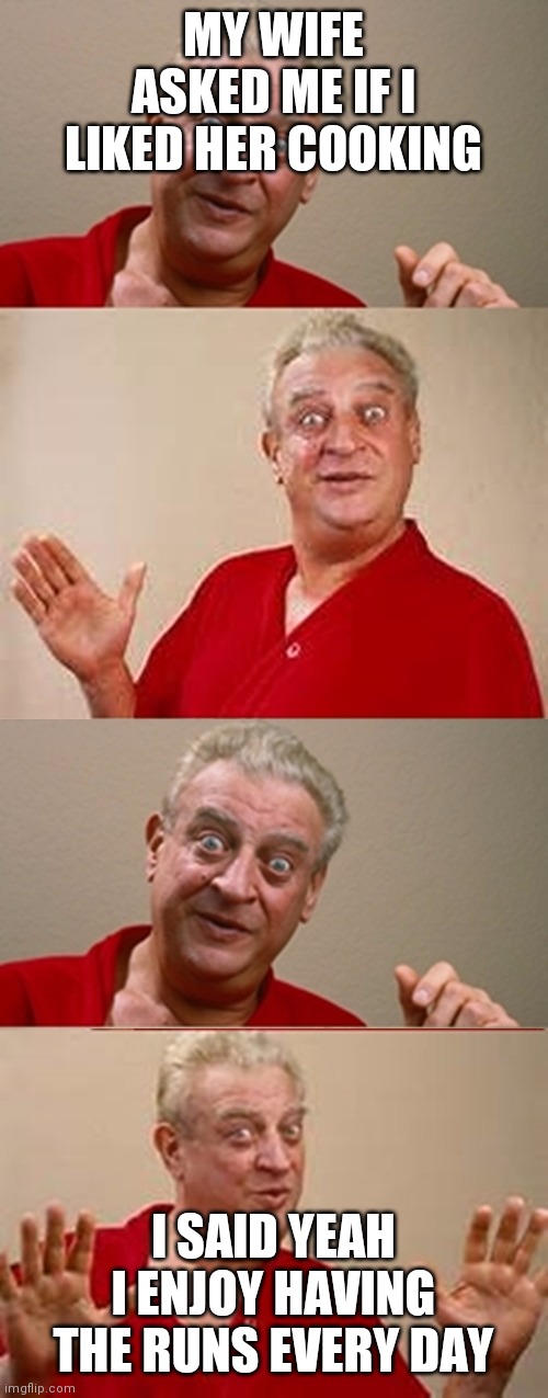 Rodney Dangerfield | MY WIFE ASKED ME IF I LIKED HER COOKING; I SAID YEAH I ENJOY HAVING THE RUNS EVERY DAY | image tagged in bad pun rodney dangerfield,funny memes | made w/ Imgflip meme maker