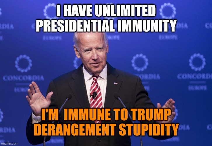 Joe Biden | I HAVE UNLIMITED PRESIDENTIAL IMMUNITY; I'M  IMMUNE TO TRUMP DERANGEMENT STUPIDITY | image tagged in joe biden | made w/ Imgflip meme maker