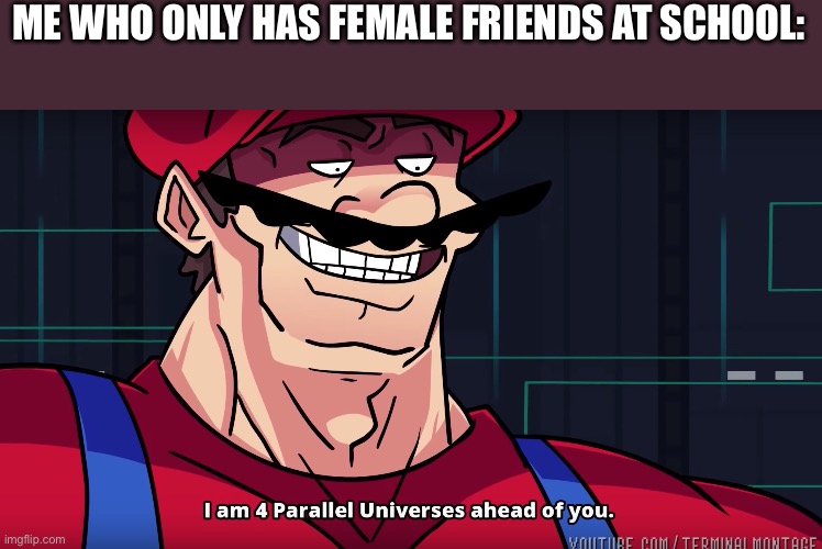 Mario I am four parallel universes ahead of you | ME WHO ONLY HAS FEMALE FRIENDS AT SCHOOL: | image tagged in mario i am four parallel universes ahead of you | made w/ Imgflip meme maker