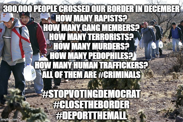 Close the Border and Deport them ALL! | 300,000 PEOPLE CROSSED OUR BORDER IN DECEMBER
HOW MANY RAPISTS?
HOW MANY GANG MEMBERS?
HOW MANY TERRORISTS?
HOW MANY MURDERS?
HOW MANY PEDOPHILES?
HOW MANY HUMAN TRAFFICKERS?
ALL OF THEM ARE #CRIMINALS; #STOPVOTINGDEMOCRAT
#CLOSETHEBORDER
#DEPORTTHEMALL | image tagged in illegal immigrants crossing border | made w/ Imgflip meme maker