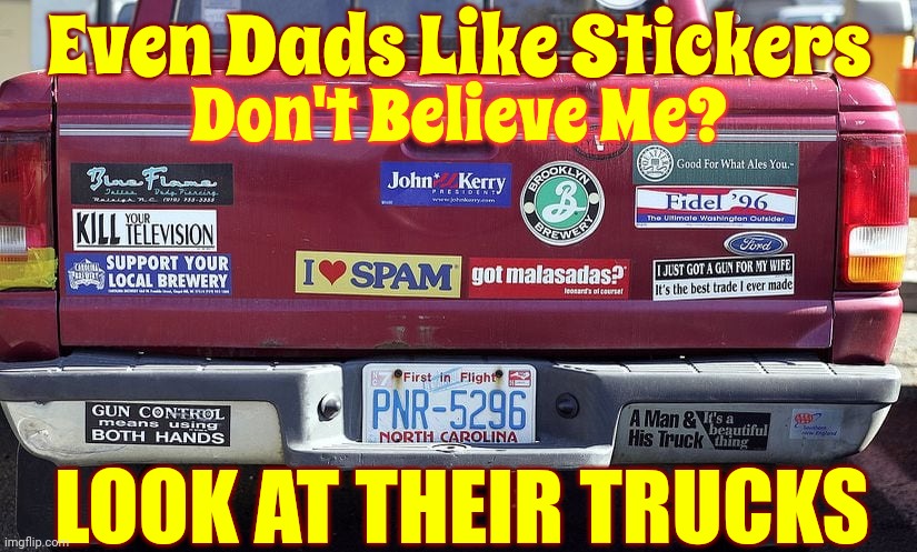 We Never Really Grow Up.  Our Bodies May Grow Older But Our Minds Still Like Stickers, Playing At The Beach And Puppies | Even Dads Like Stickers; Don't Believe Me? LOOK AT THEIR TRUCKS | image tagged in life,in real life,it's true,growing up,growing older,memes | made w/ Imgflip meme maker