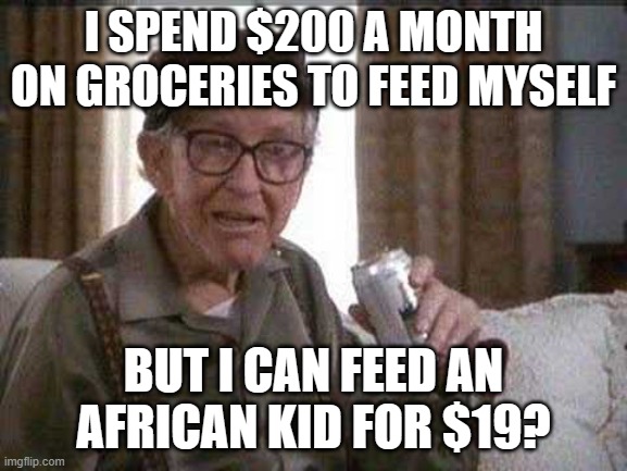 Grumpy old Man | I SPEND $200 A MONTH ON GROCERIES TO FEED MYSELF BUT I CAN FEED AN AFRICAN KID FOR $19? | image tagged in grumpy old man | made w/ Imgflip meme maker